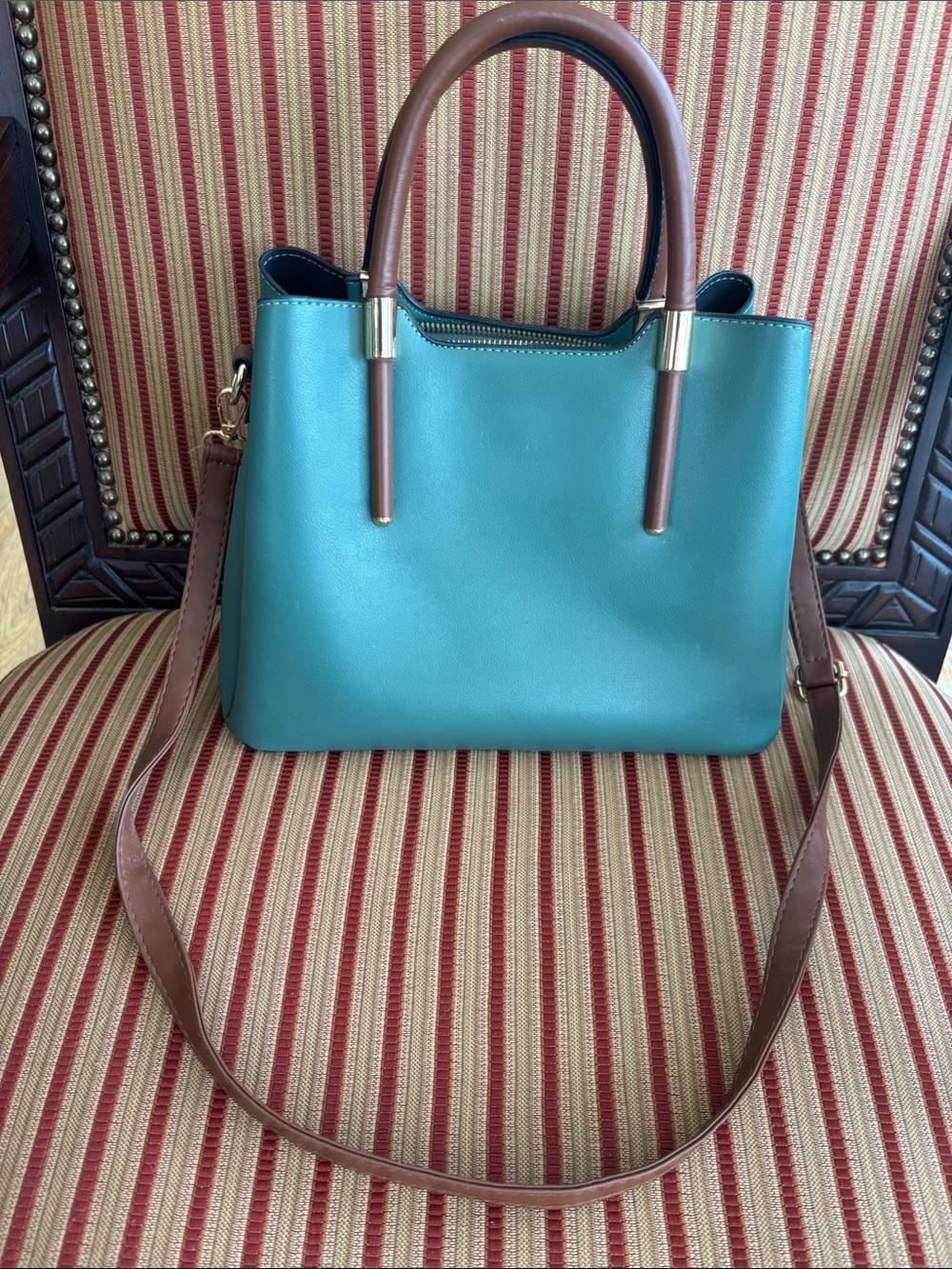 Teal and Brown Leather Top-Handle Shoulder Bag